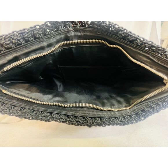 Vintage Mid Century Crochet Black Handbag Tote Satchel Lucite Handles EUC - Picture 8 of 10